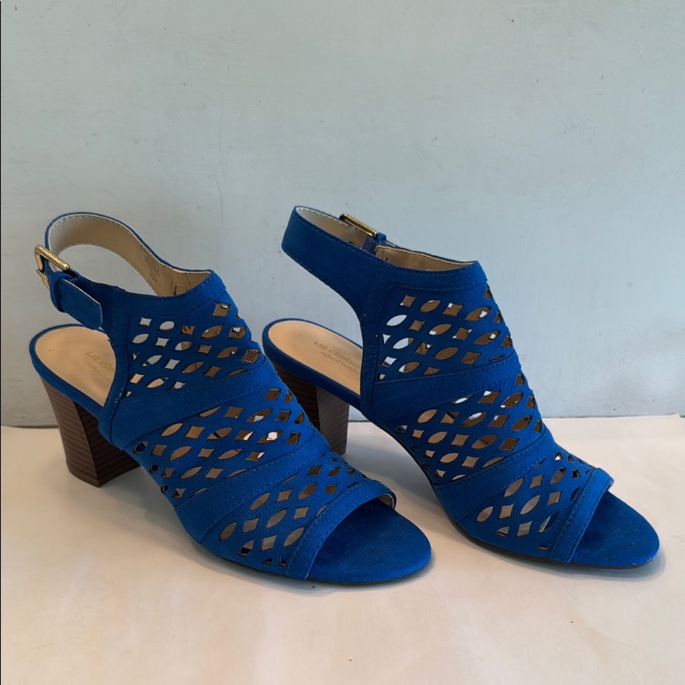 Liz Claiborne blue cage heels peep toe stacked heel sling back Gloria sandals